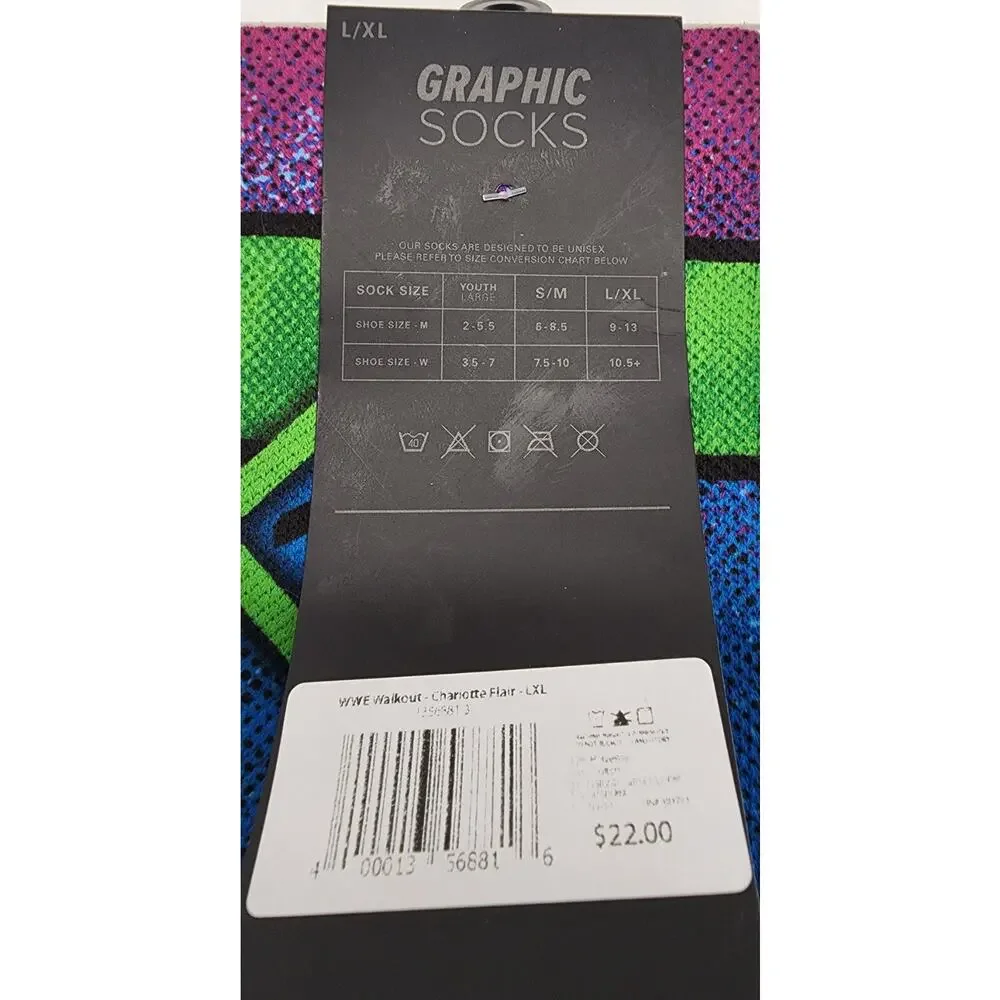 NWT Charlotte Flair Graphic Rock 'Em Socks WWE L/XL Wrestling